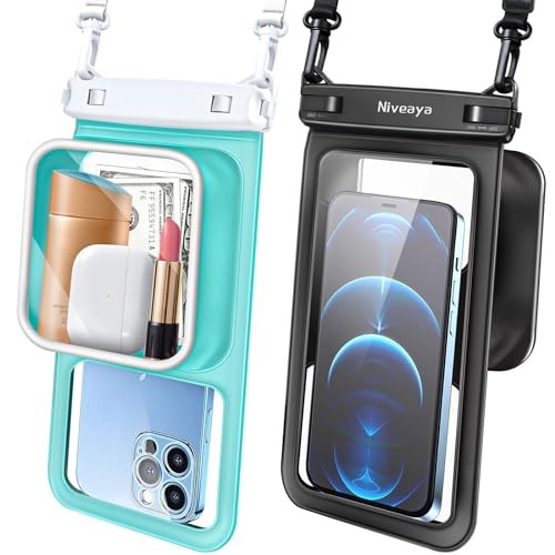 2 Pack IPX8 Waterproof Phone Pouch, Large Space Cell Phone Pouch Black + Green