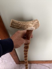 Hand-Carved 37”Wooden Walking Stick Cane W/Snake Design Antler Handle