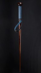 Compass Cane Mahogany Wooden Walking Stick w/ Blue Leather Handle & Wrist Loop