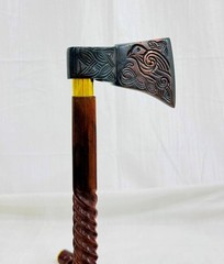 Walking Cane/Axe Handle Design/Black Metal Head, Gold Accent Band/Walking Stick