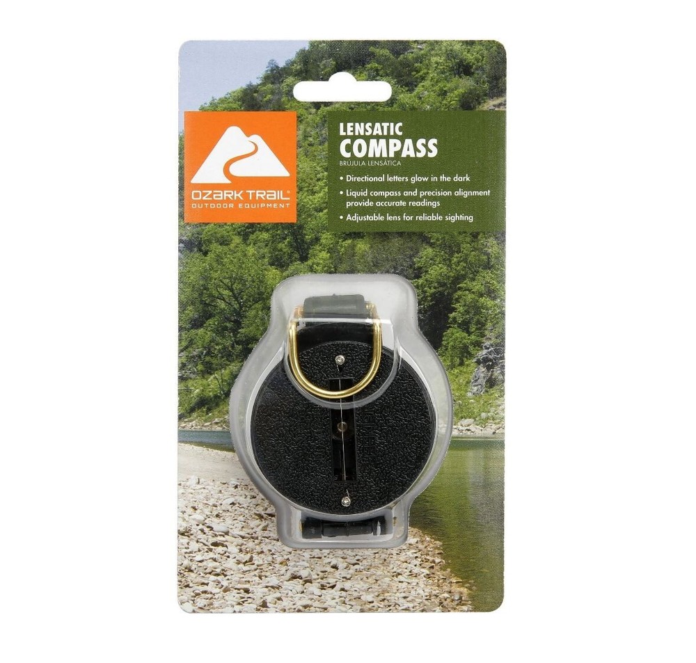 OZARK TRAIL LENSATIC COMPASS, GLOW IN THE DARK, 5093 BLACK