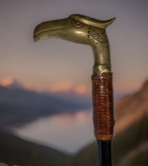 VINTAGE BRASS EAGLE HEAD WALKING CANE HANDLE WITH WOODEN STICK 36” TALL