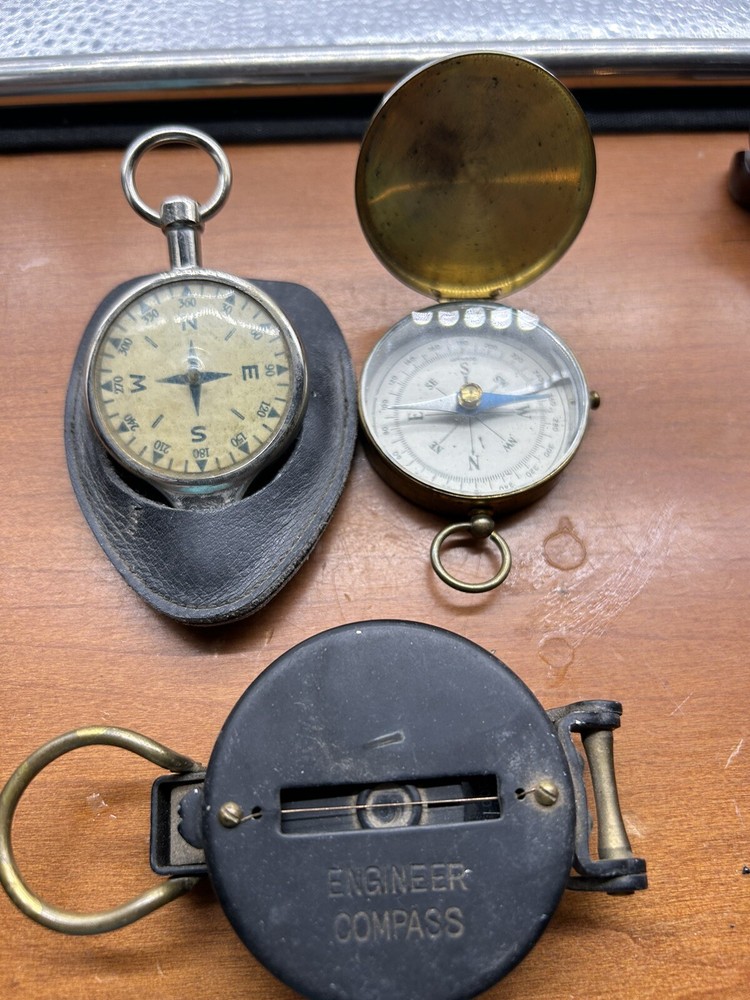 VTG Lot 3 Compasses. 2 Made In Germany, Other Japan brass , Metal, Leather