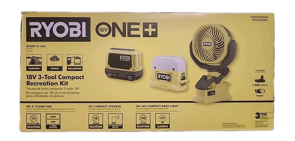 Ryobi One+ 18V 3-TOOL COMPACT LED Light Bluetooth Speaker 4in Clamp FanPCL1303K1