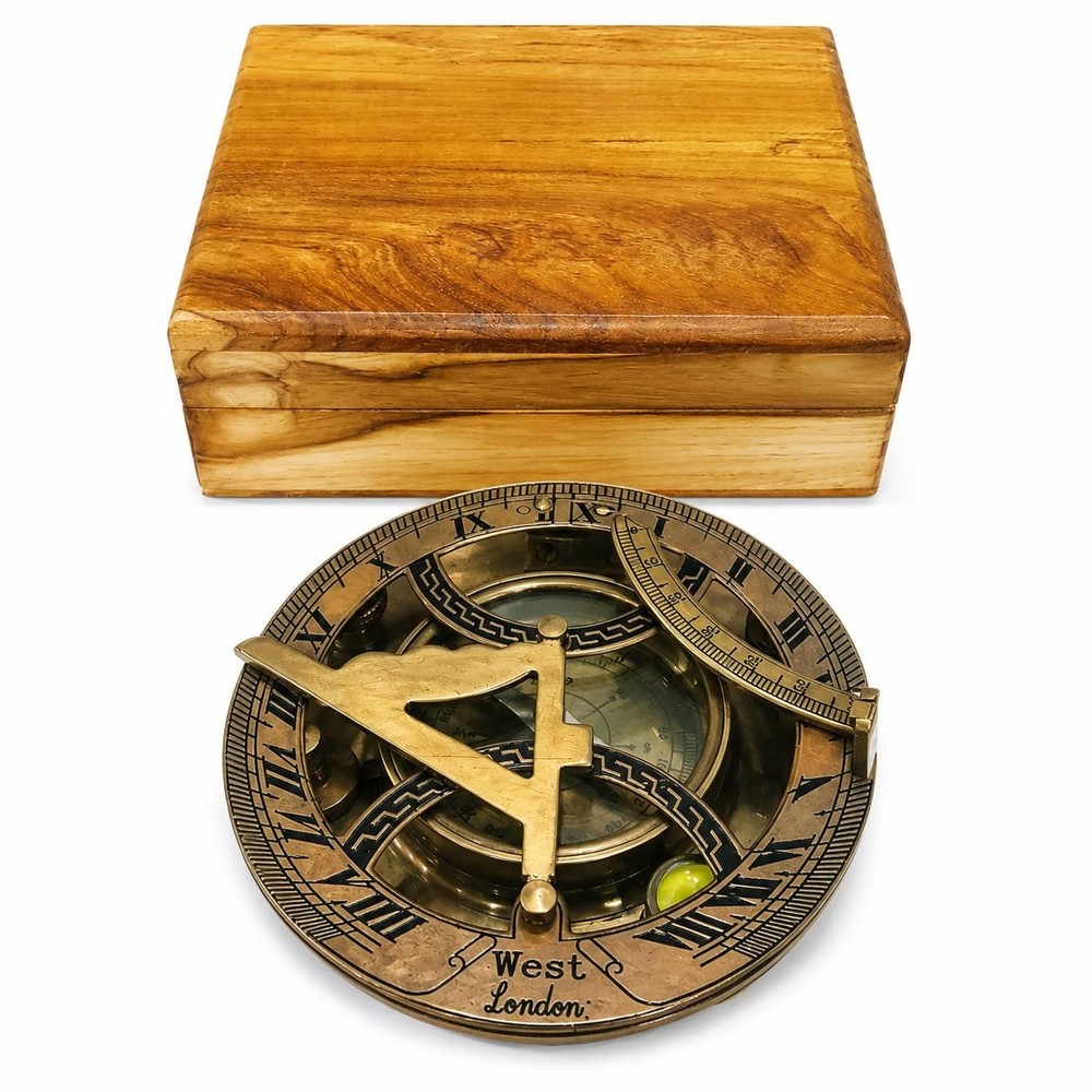 Antique Brass 4 Inch Sundial Compass Clock Wood Box Ship Replica Watch