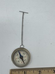 Vtg Japan Miniature Pocket Compass Watch Chain T-Bar Clasp Silver Metal