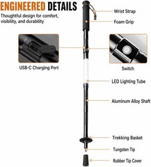 LED Trekking Pole USB-C Rechargeable with White Red Light 6-in-1 Tool