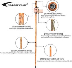3Pc Detachable Fir Wood Walking Stick for Hiking with Compass 55 Inches – with A