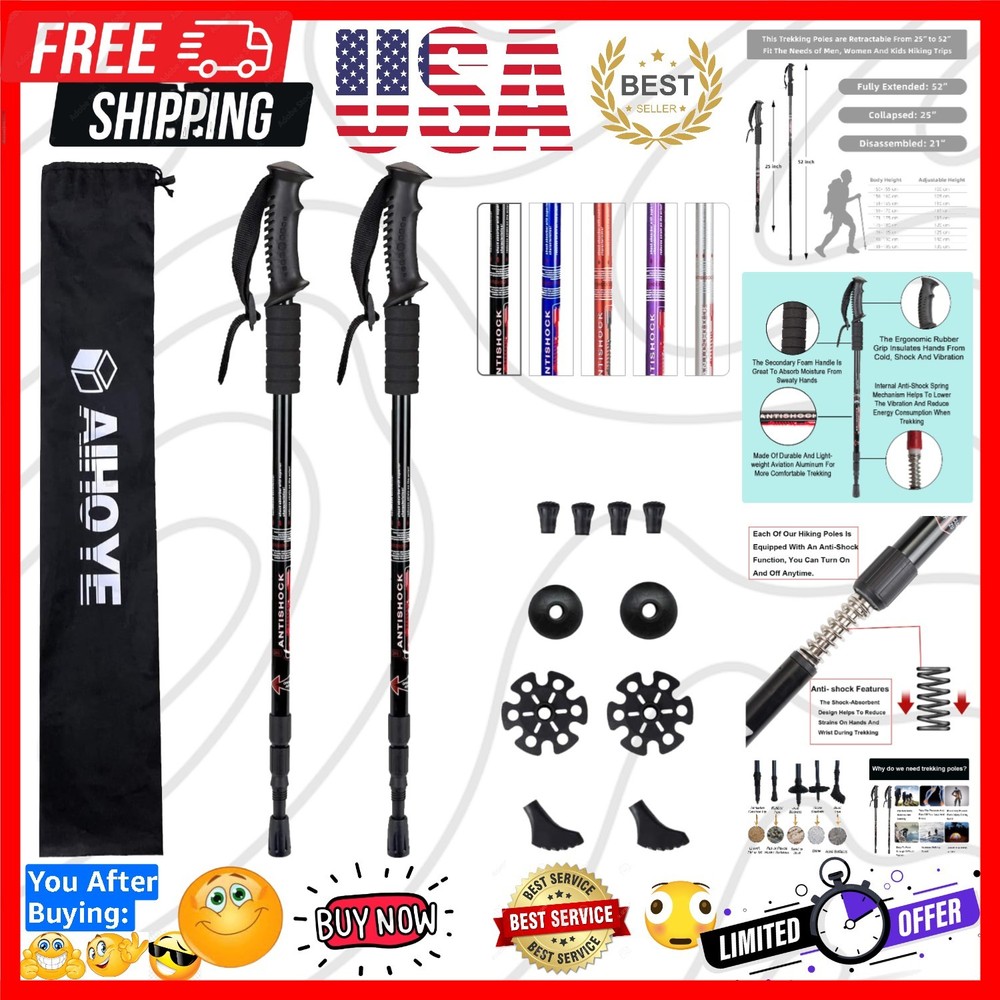Hiking Trekking Poles, 2 Pack Collapsible, Lightweight, Anti Shock, Walking S…
