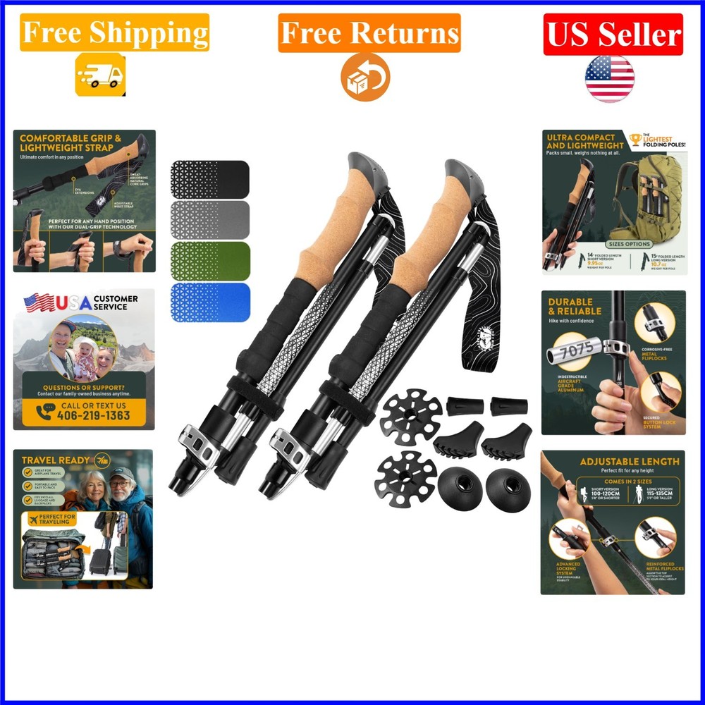 Lightweight Foldable Hiking Poles, Adjustable Aluminum, Black, 120cm