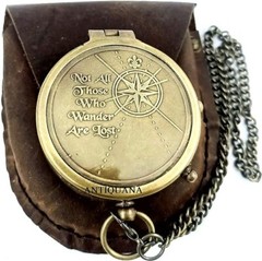 Brass Compass Unique Print Engraved Compass with Leather Case and Chain