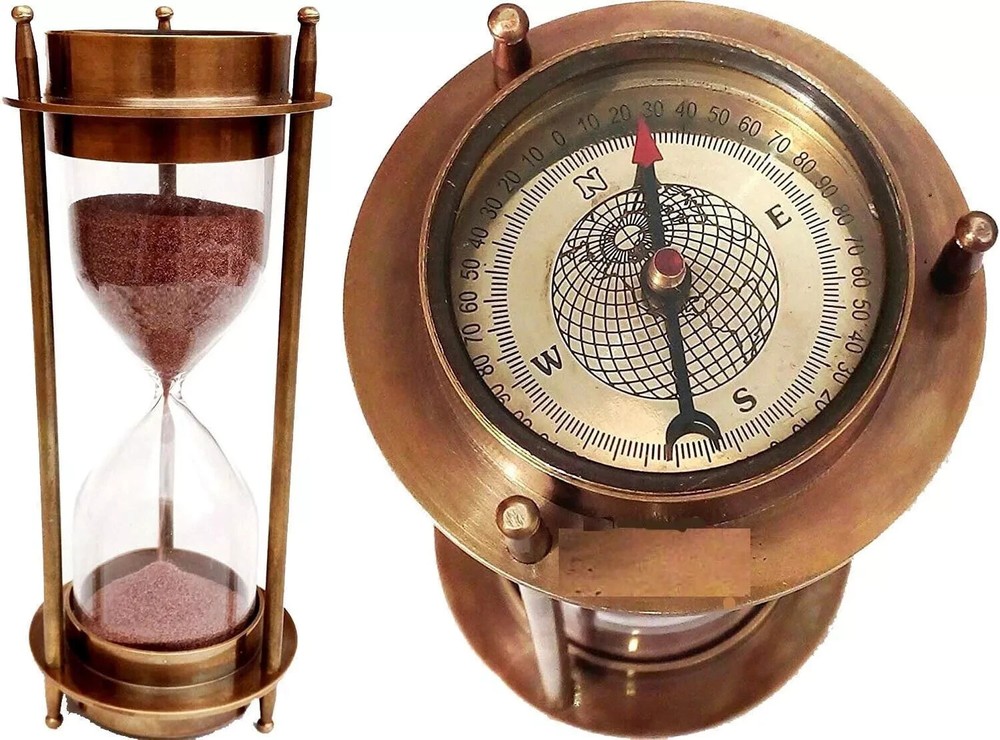 Nautical Brass Sand Timer Hourglass Maritime Brass Compass Table Decorative Gift