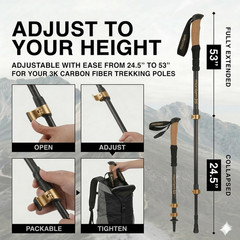 Carbon Fiber Trekking Poles – Ultralight 3K Hiking Poles, Collapsible & Adjustab