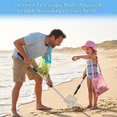 Beach Sand Scoop Stainless Steel Adjustable Handle with Mesh Bag for Treasures