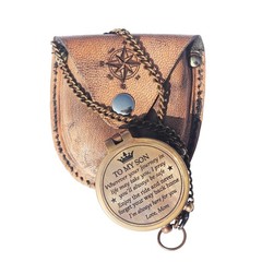 Brass Engrved Compass for Men, Pocket with Leather Case, Mom to Son