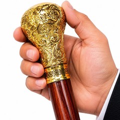 Handmade Brass Handle Walking Stick, Victorian Style Wooden Cane, Floral Carved