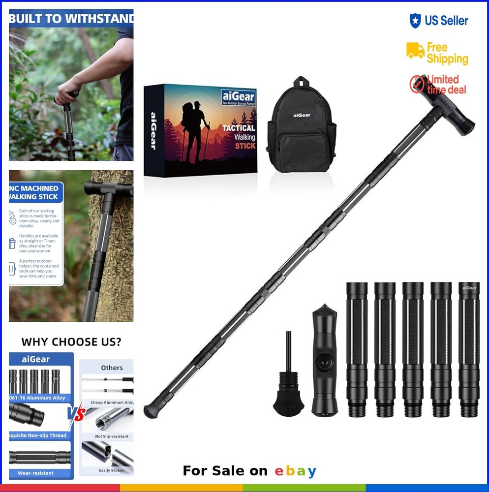Tactical Hiking Stick 5 Section Heavy Duty Walking Staff Aluminum Alloy
