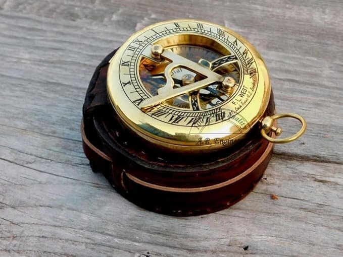 Vintage Brass Polished Finish 3” Sundial Compass | Leather Case | Nautical Gift