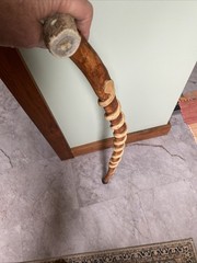 Hand-Carved 37”Wooden Walking Stick Cane W/Snake Design Antler Handle