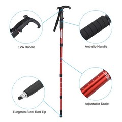 Trekking Poles, Collapsible Telescopic Hiking Pole 21-43 Inch T Handle Red