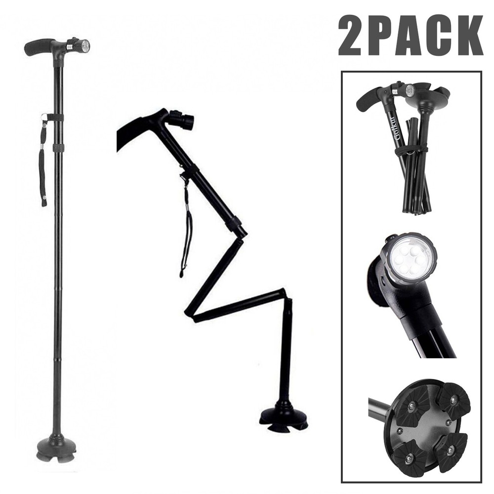 2 Pack Folding Walking Cane 5-Level Adjustable LED Light Travel Camping Hiking