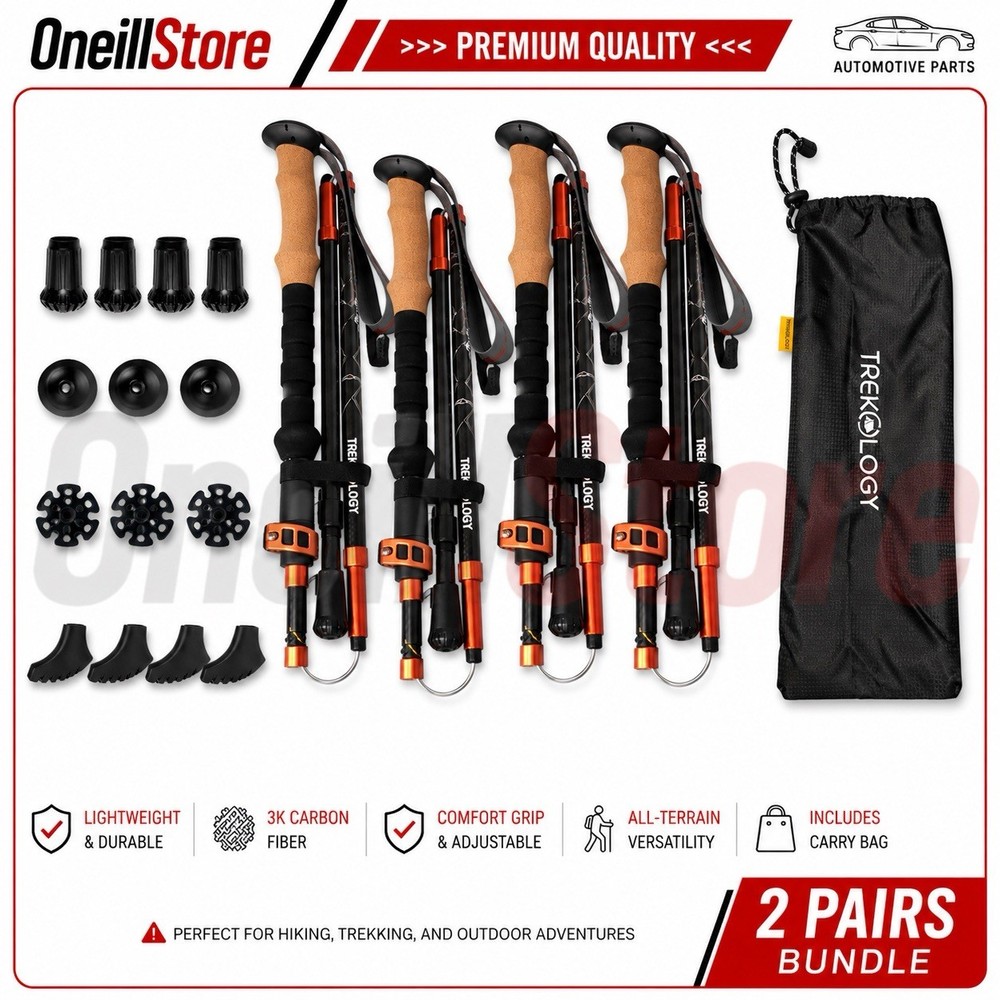 2 Pairs Trekology Trek-Z 3K Carbon Fiber Hiking Trekking Poles Walking Stick Set