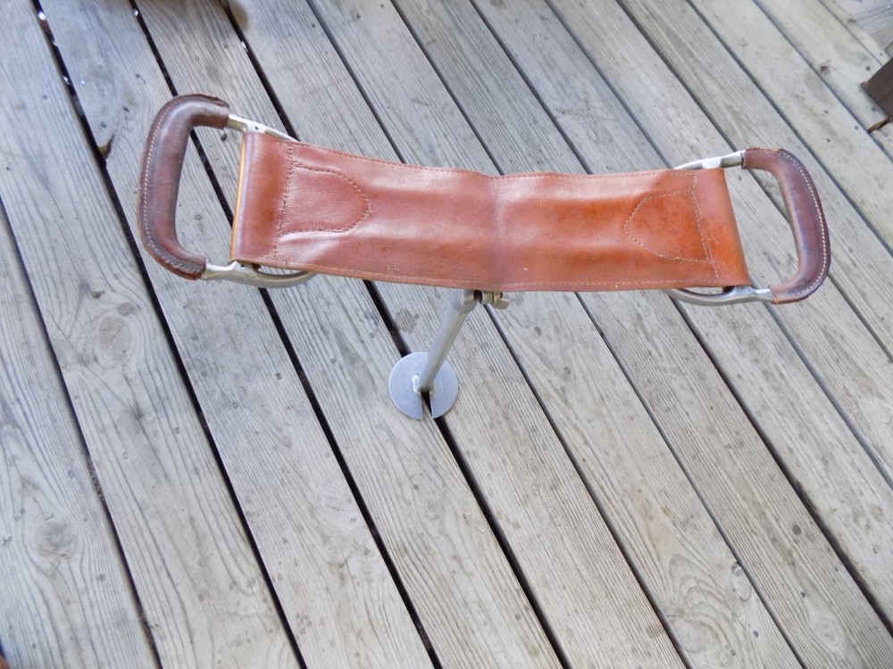 Aluminum SCOT SEAT Hunt Walk Camp Fish Golf ChairStool Leather VTG 1955 Ariz USA