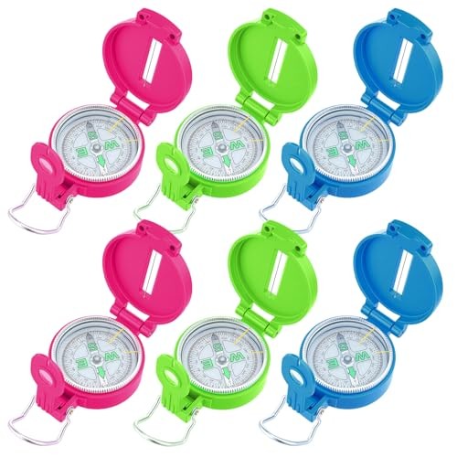 6 Pack Multi-Color Mini Lensatic Compass with Lanyard Orienteering Navigation
