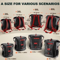 Waterproof Backpack Dry Bag/35L/55L/85L – Heavy Duty Roll-Top 25L Black Red