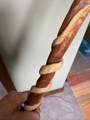 Hand-Carved 37”Wooden Walking Stick Cane W/Snake Design Antler Handle