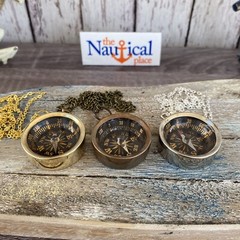 Brass Compass – Sundial, Push Button w/ Lid – Antique, Gold, Silver – Necklace
