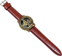 Brass Sundial Compass Design Wrist Watch Leather Band Vintage Nautical Men Gift
