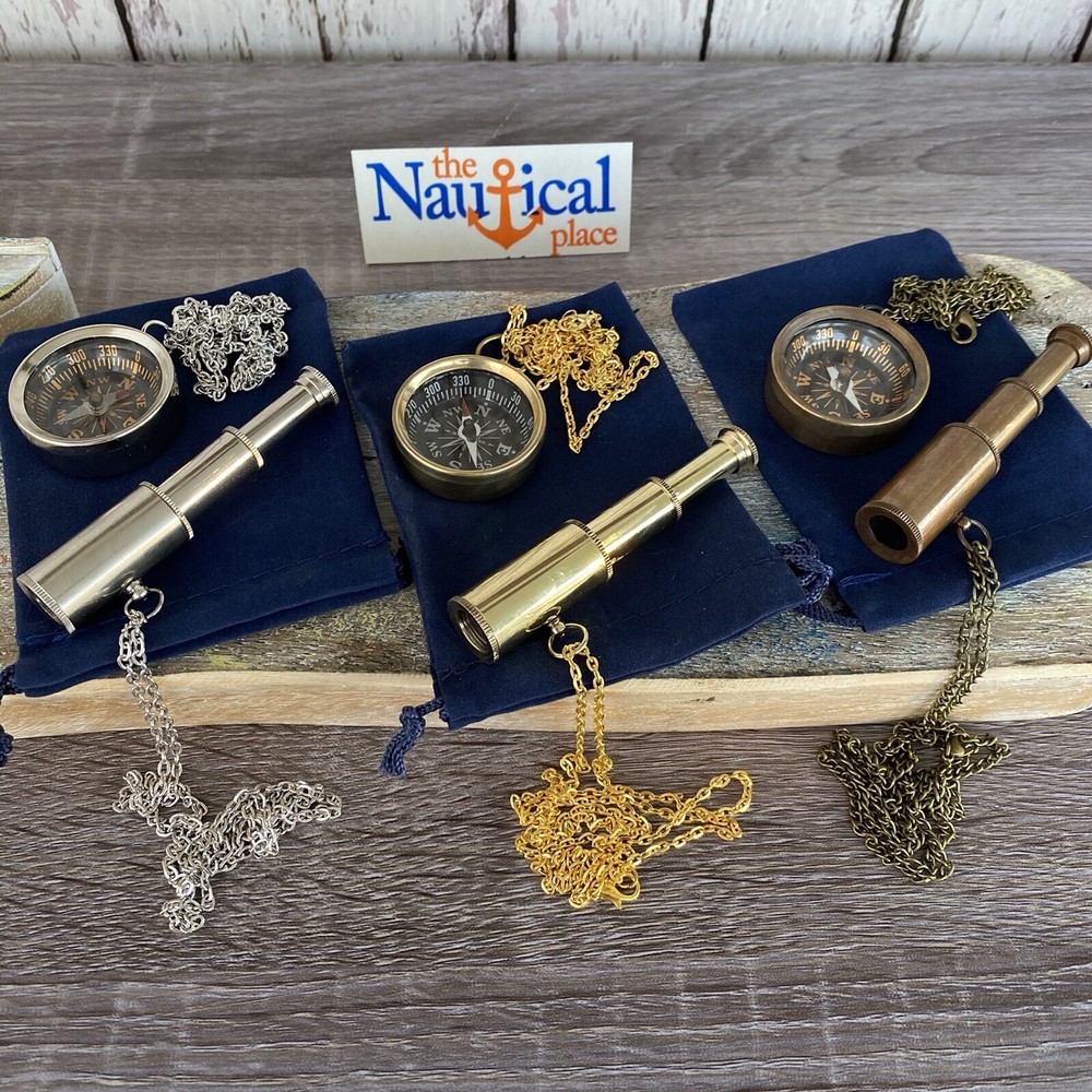 Brass Telescope & Compass Gift Set w/ Velvet Bag / Optional 27″ Chains -Necklace