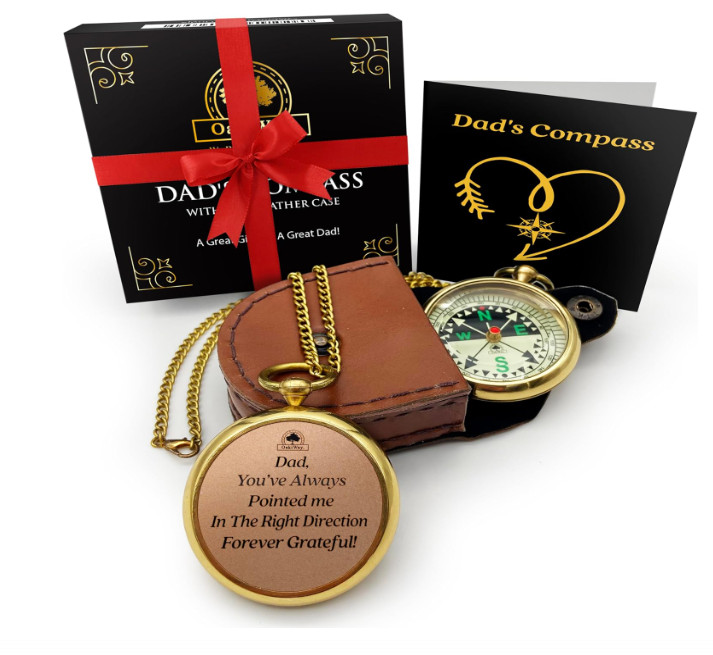 Pocket Watch Compass with Chain & Leather Case – Gift item- Dad’s Compass