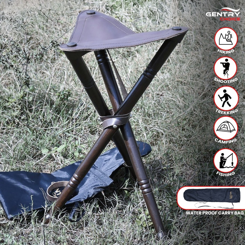 Outdoor Walking Stick Natural Wood Tripod Stool with Leather Seat Waking Cane