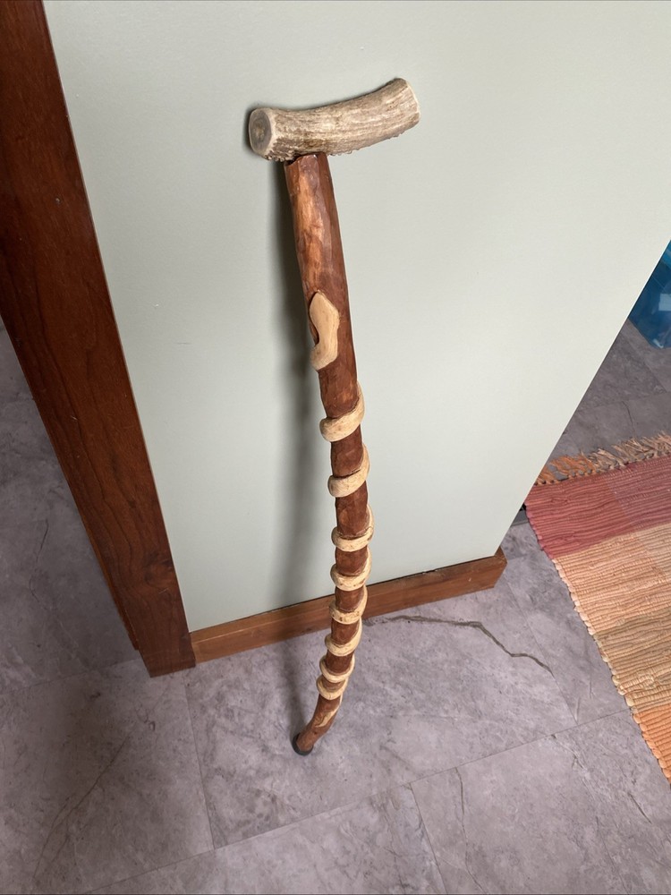 Hand-Carved 37”Wooden Walking Stick Cane W/Snake Design Antler Handle