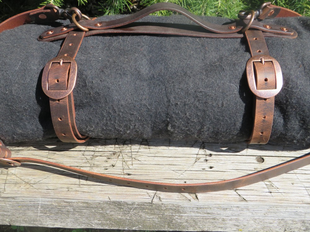 Full grain veg tanned Leather blanket harness, leather bedroll, leather straps