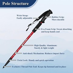 Red Aluminum Nordic Walking Poles 51.2″ Collapsible, Shock-Absorbing