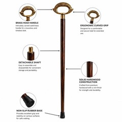 RNM Hand-Carved Hardwood Walking Cane, Brass Handle, Spiral Shaft, Vintage Style