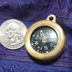 Mini Metal Button Pocket Compass Keychain w/ Loop, Gold & Black Hiking