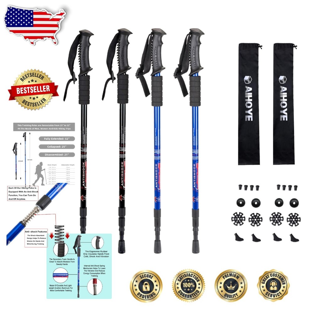 Collapsible Trekking Poles 4Pk, Blue-Black, Anti-Shock, Lightweight Aluminum