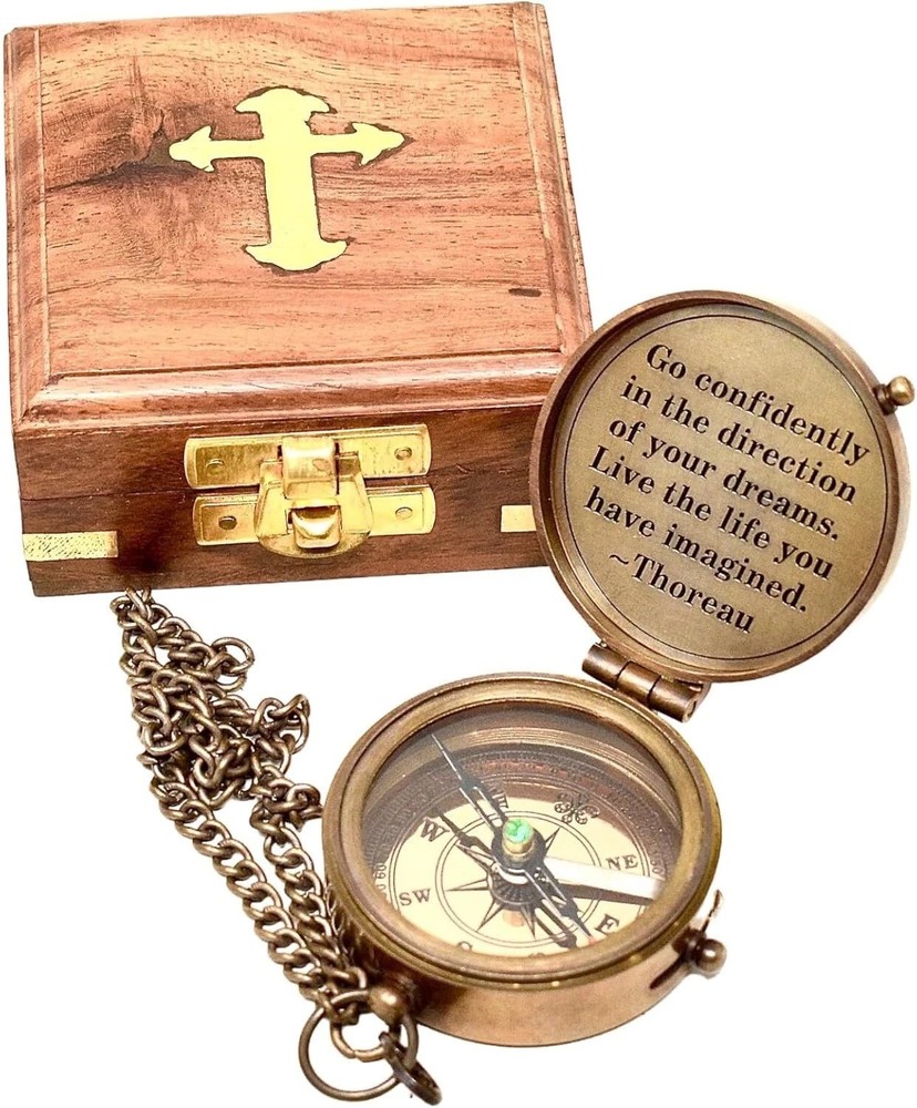 Vintage Brass Pocket Compass with Chain & Wooden Box – Nautical Gift Quote