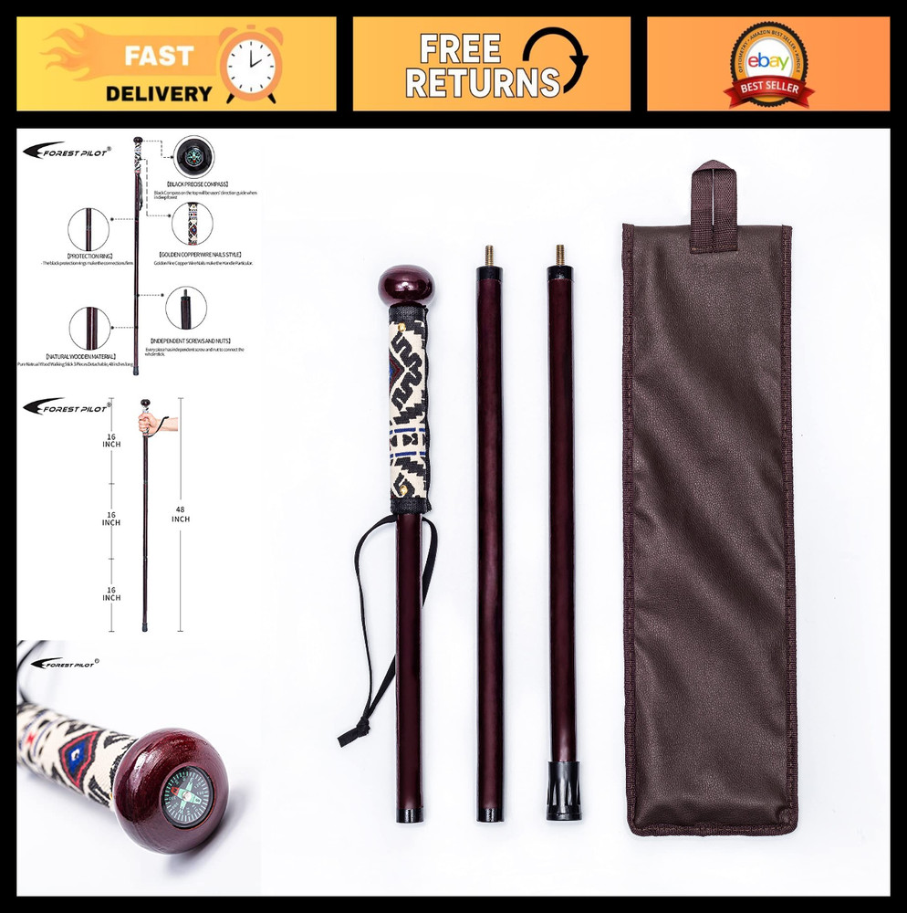 3pc Detachable Hiking Walking Stick Set with Compass, 48″ Soft Grip, Rubber Tip