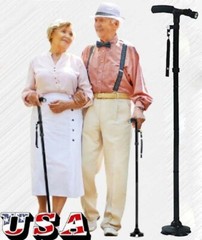 Folding LED Walking Stick Cane All-Terrain Pivoting Base Adjustable Black