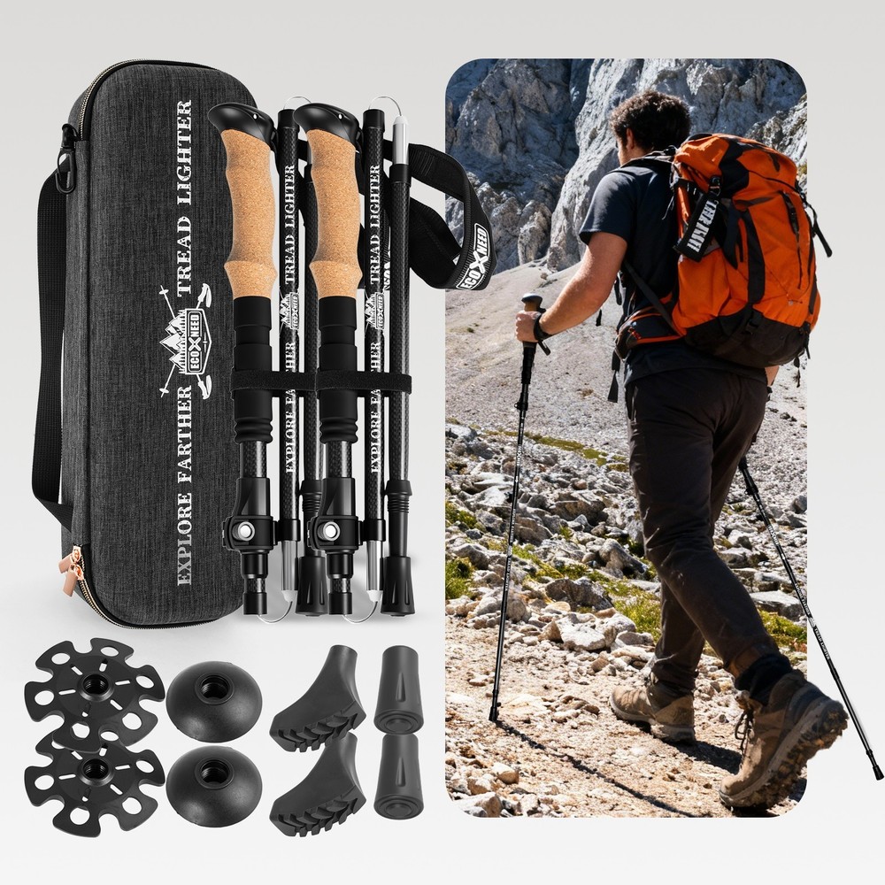 Adjustable Carbon Fiber Trekking Poles 2 PCS Collapsible Walking Sticks Baskets