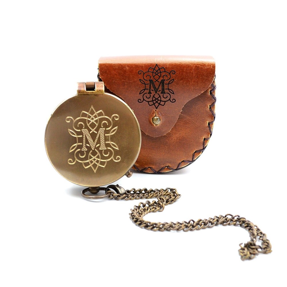 Compass Engraved Leather Case Personalised Compass Christening Gift Gold