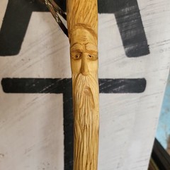 Hand Carved Wooden Walking Stick Cane Rustic Folk Art Hiking Staff w/ Strap /Tip