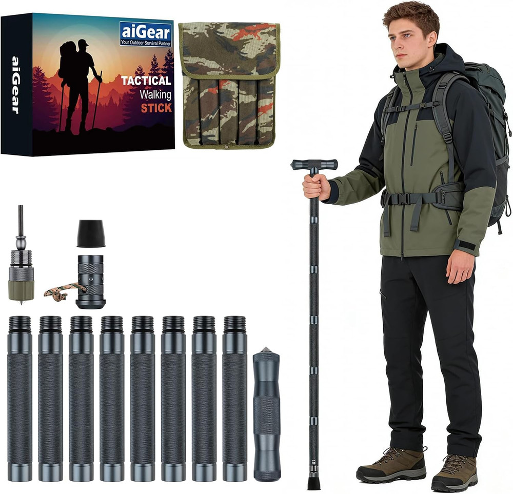 H3 Tactical Walking Stick, 6-8 Section Adjustable Hiking Staff | 6061-T6 Aluminu
