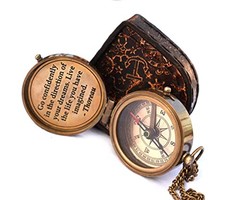 Solid Brass Thoreau’s Go Confidently Quote Engraved Compass with Wooden Box,