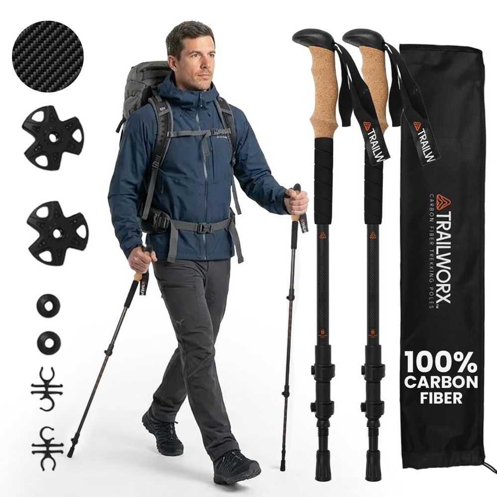3K Carbon Fiber Trekking Poles, Collapsible Set of 2 Lightweight Adjustable H…